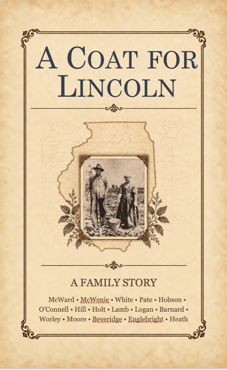 Book cover: an outline of Illinois framing a sepia photograph of a farm couple standing in a field
